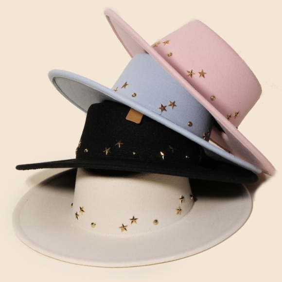 SOLD OUT Black Gold Star Studded Fedora Western Bohemian Festival Hat - Picture 2 of 2